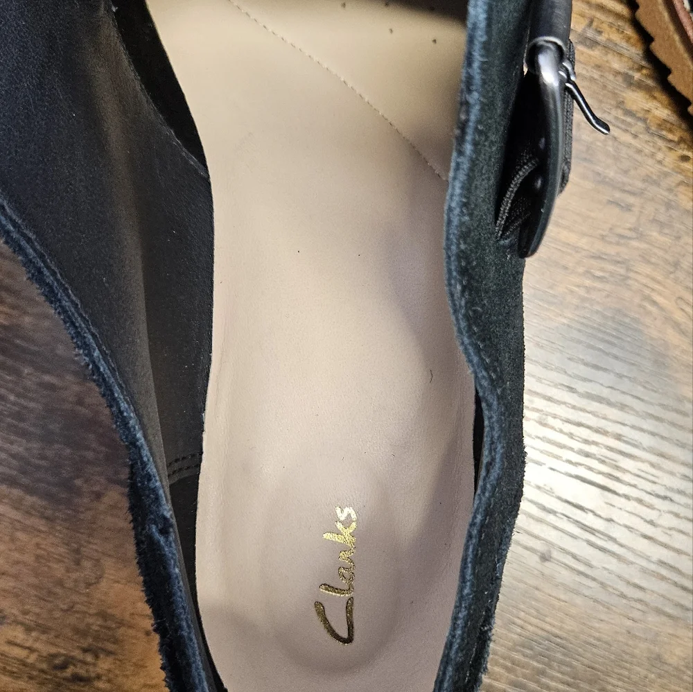 Clarks Black Suede Platform Loafers with Tan Lug Sole and Buckle